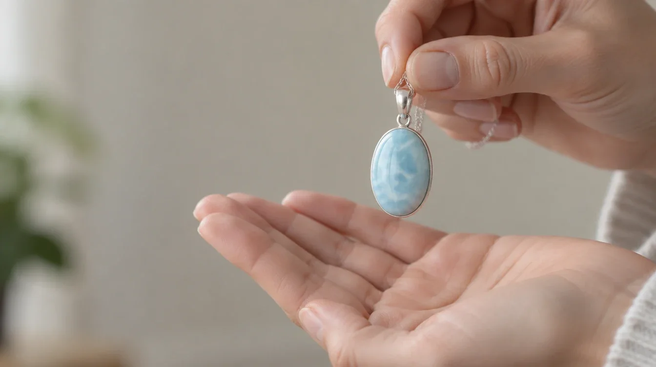Owner holding a pale blue larimar pendant for a closer look
