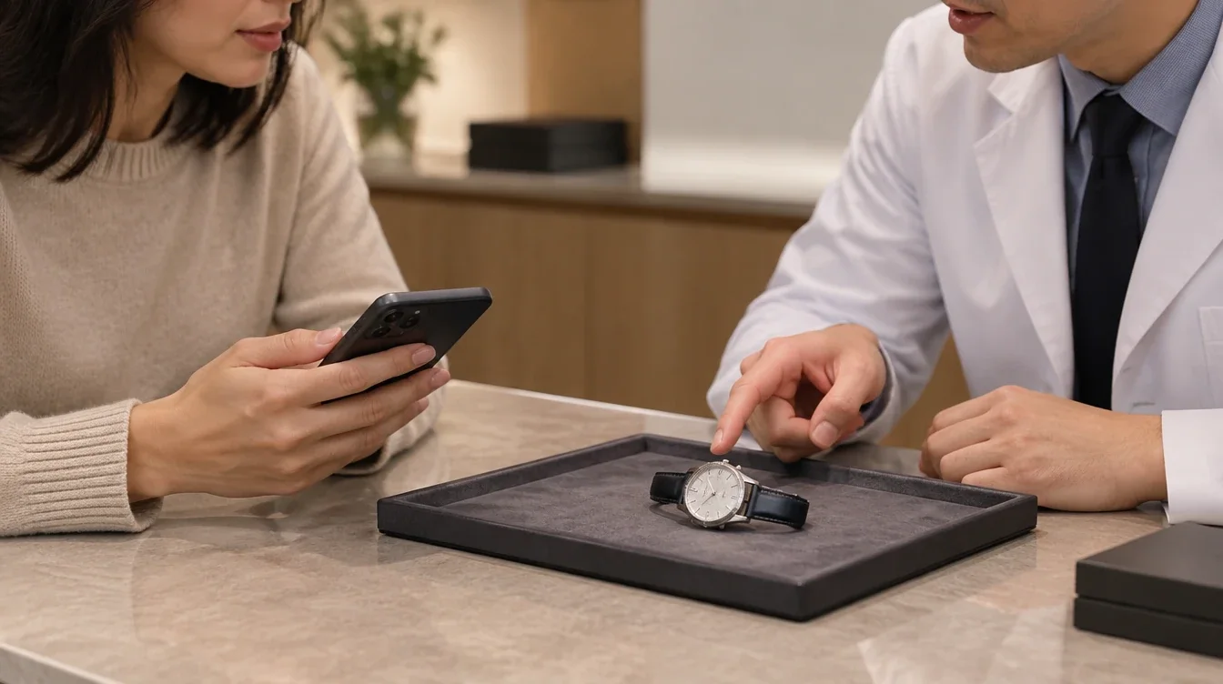 Customer discussing a quartz watch with a specialist while presenting a phone at a service counter.