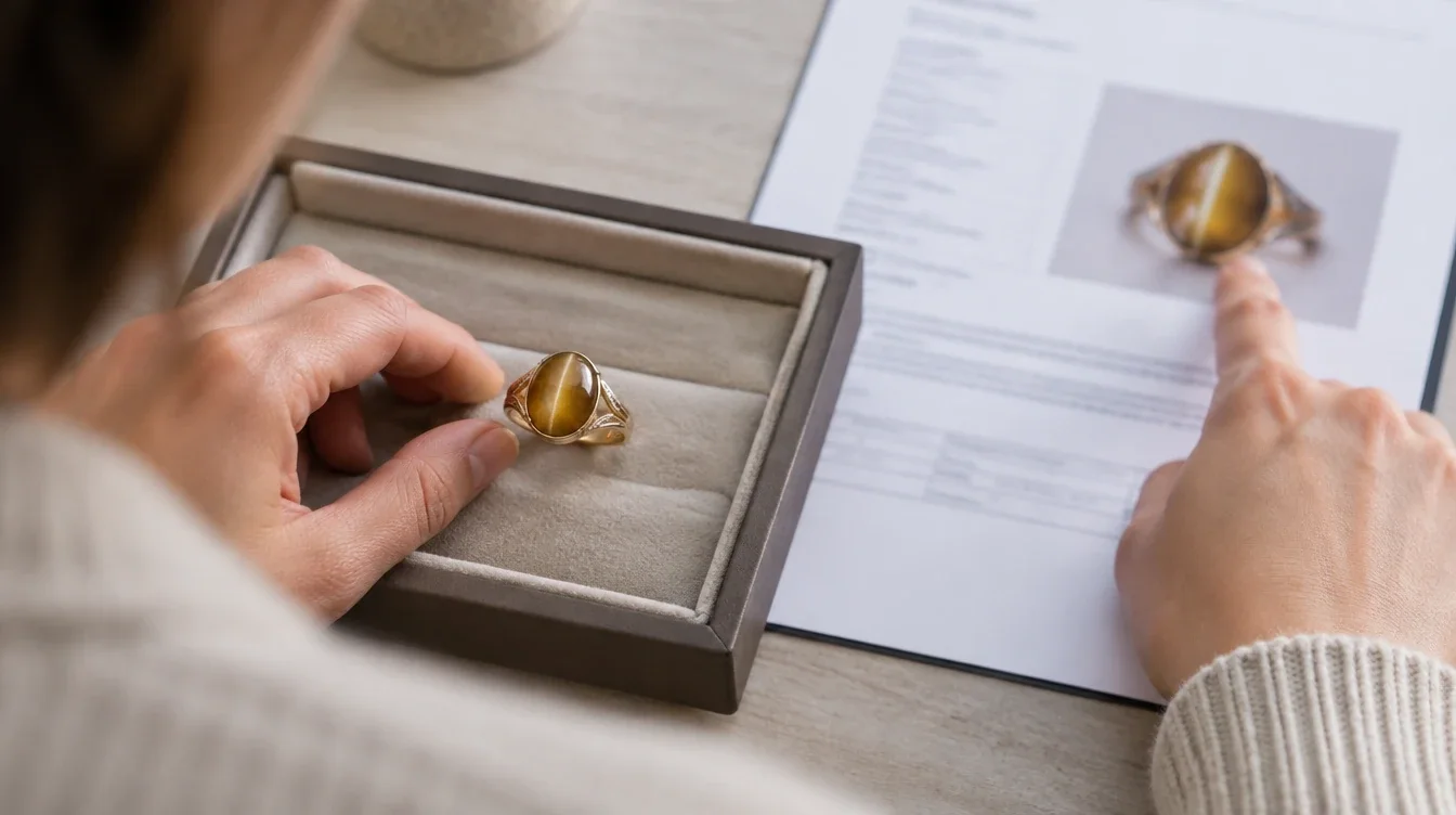 A buyer compares a cabochon ring with a photograph on an unreadable document