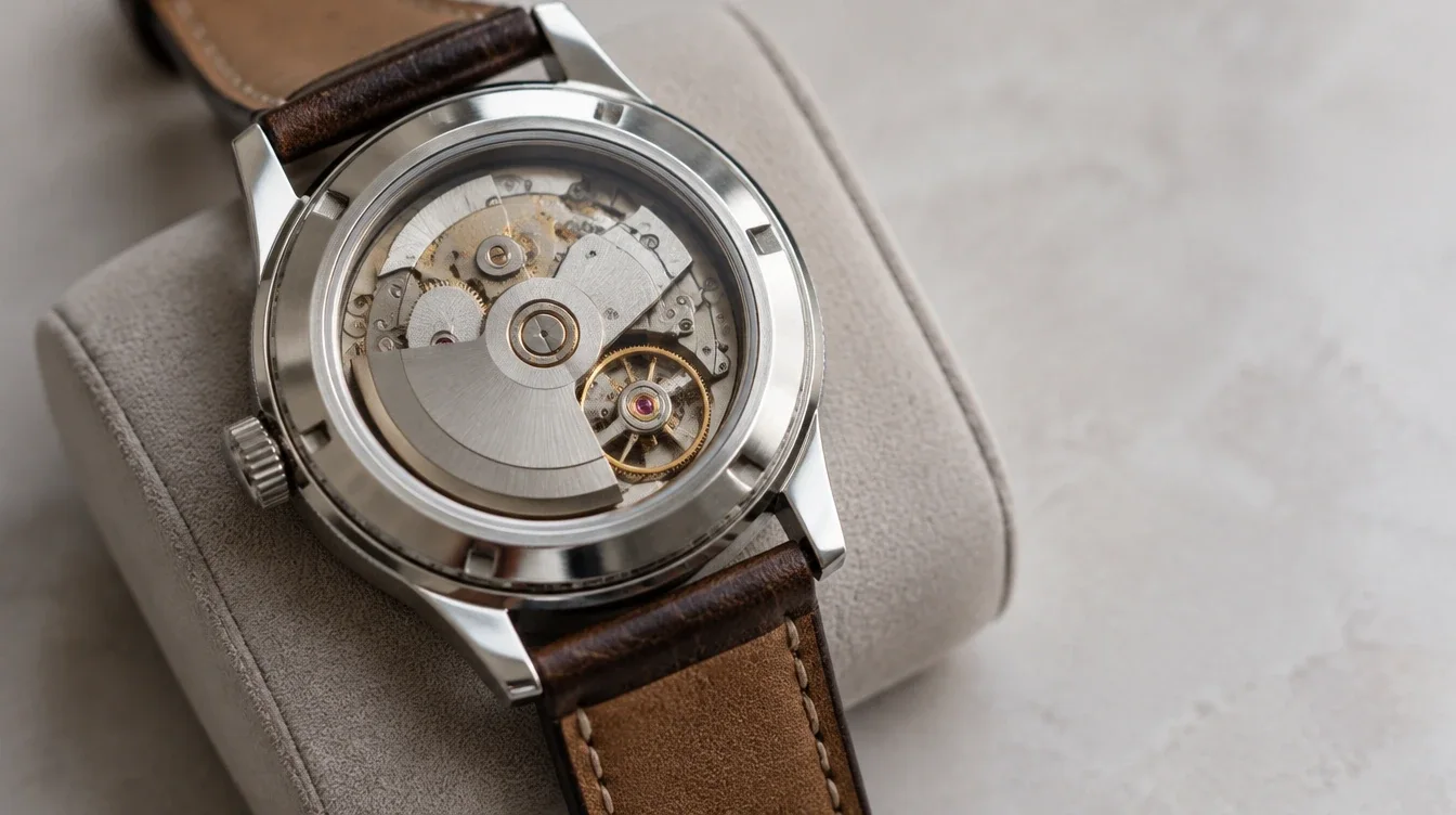 Mechanical watch with its movement visible through a transparent caseback