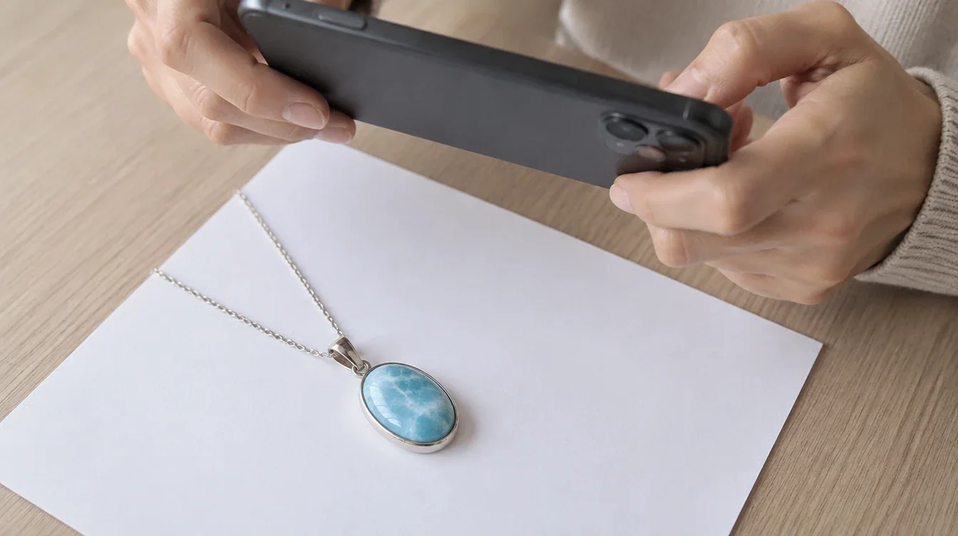 Owner photographing a dry larimar pendant on white paper in soft daylight