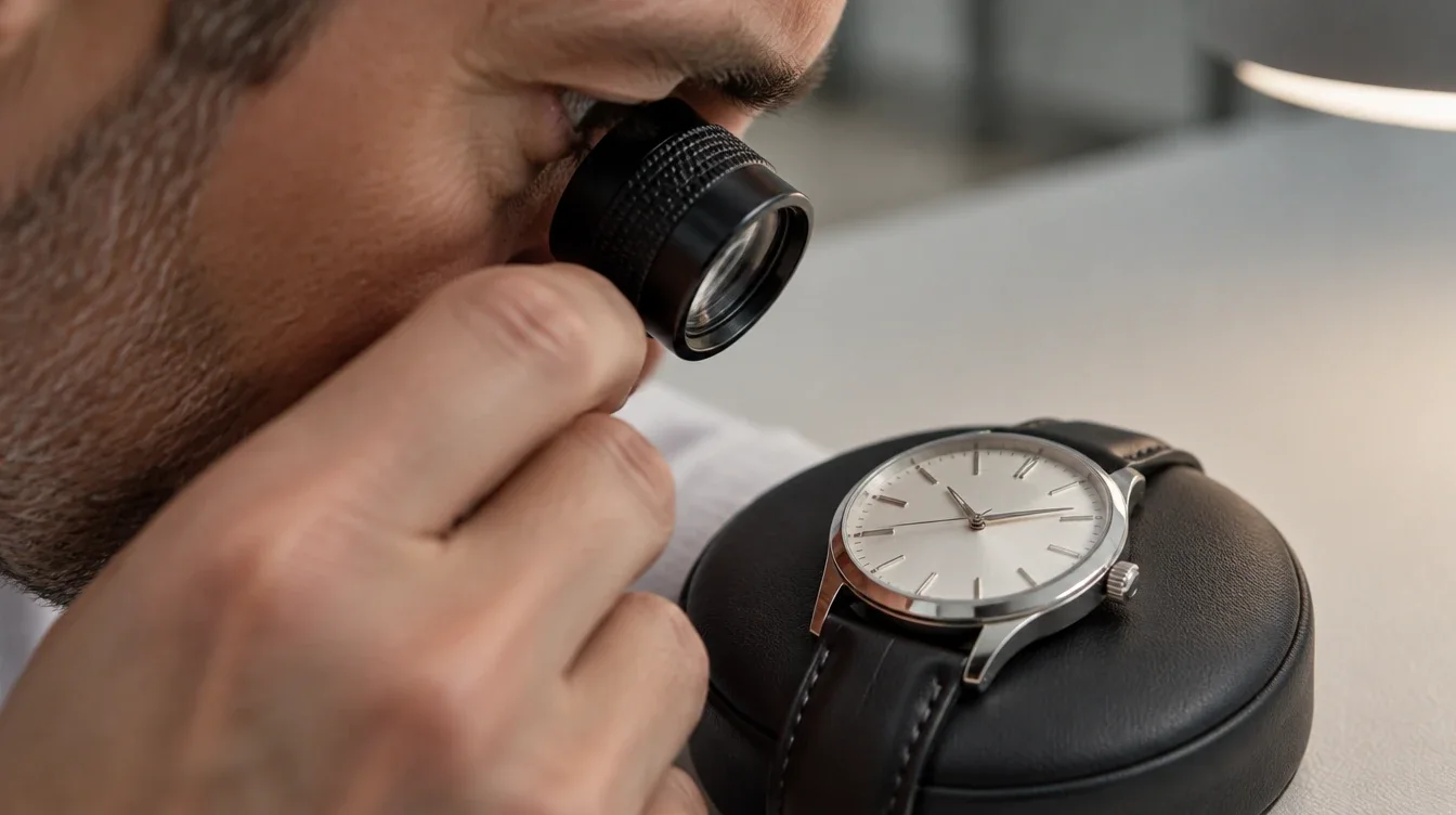 Watchmaker examining a closed quartz watch through a loupe while it rests on a padded cushion.