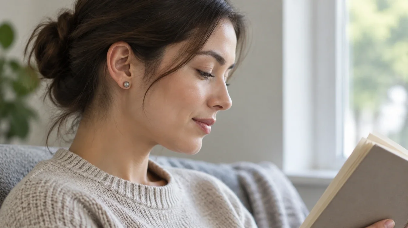 An adult wearing a small stud in a healed earlobe while reading beside a window.