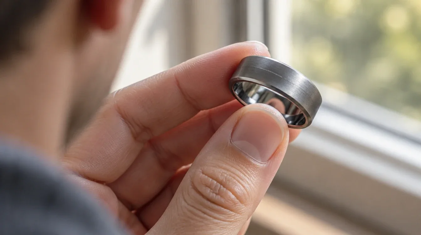 An owner tilts a scratched tantalum band near a window to examine its surface in natural light.
