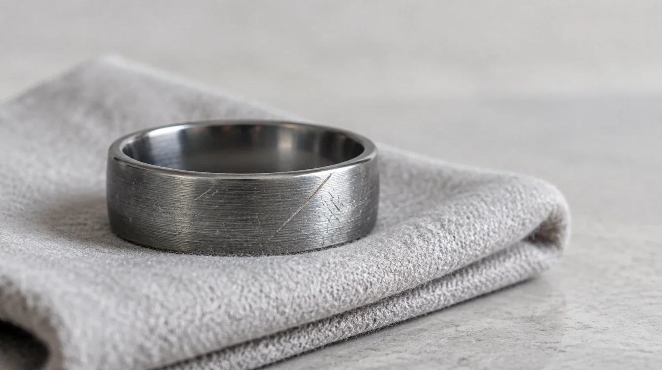 Brushed tantalum wedding band with fine wear marks and a visible scratch resting on a soft cloth.
