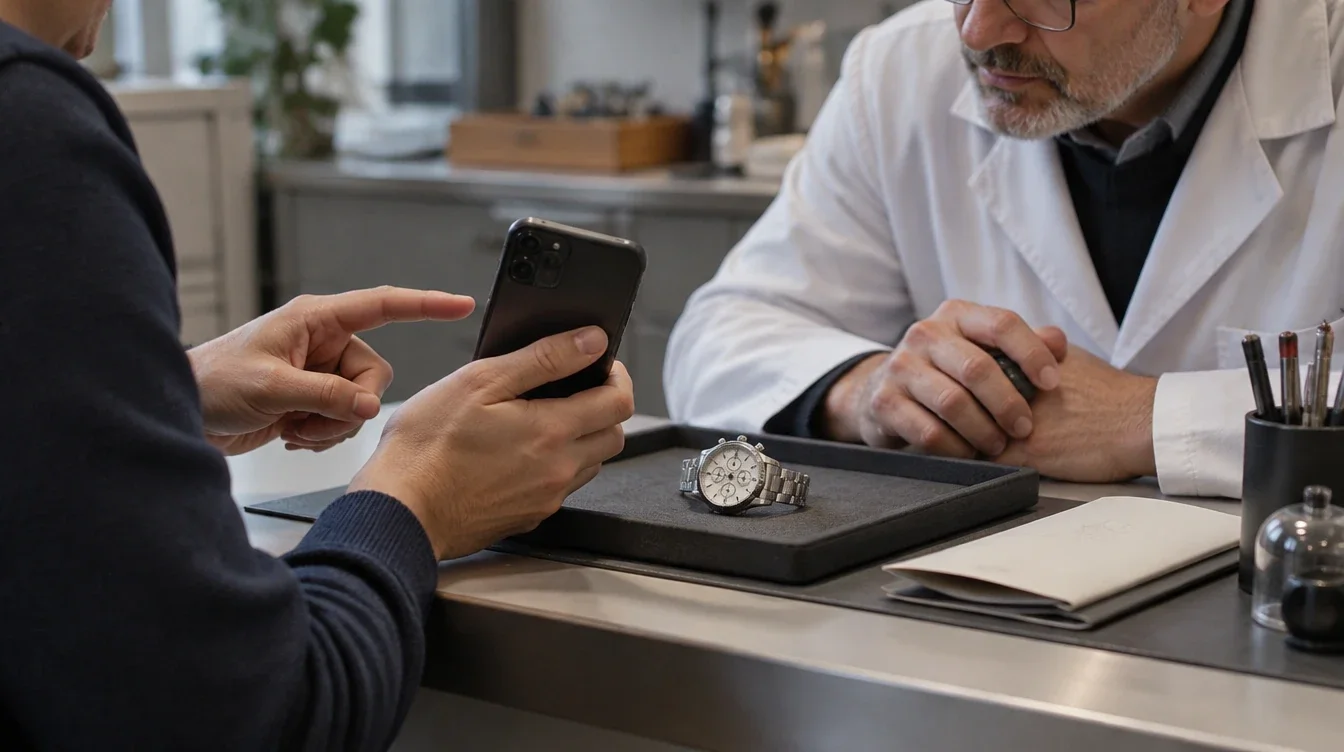 Owner showing a dial photograph to a watchmaker beside a chronograph on a service tray.