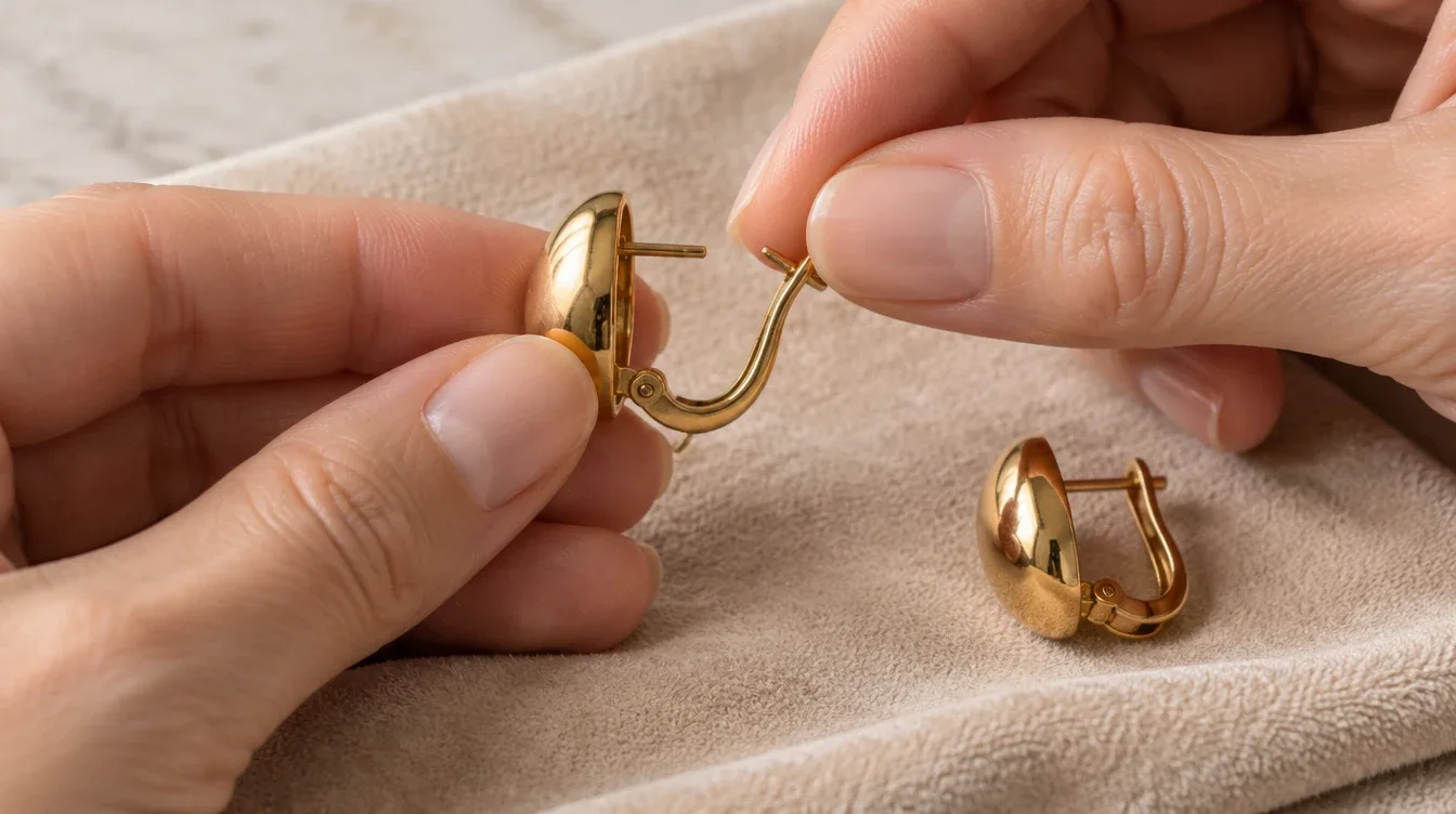 Hands gently move an omega clip while supporting the earring front above a soft cloth.