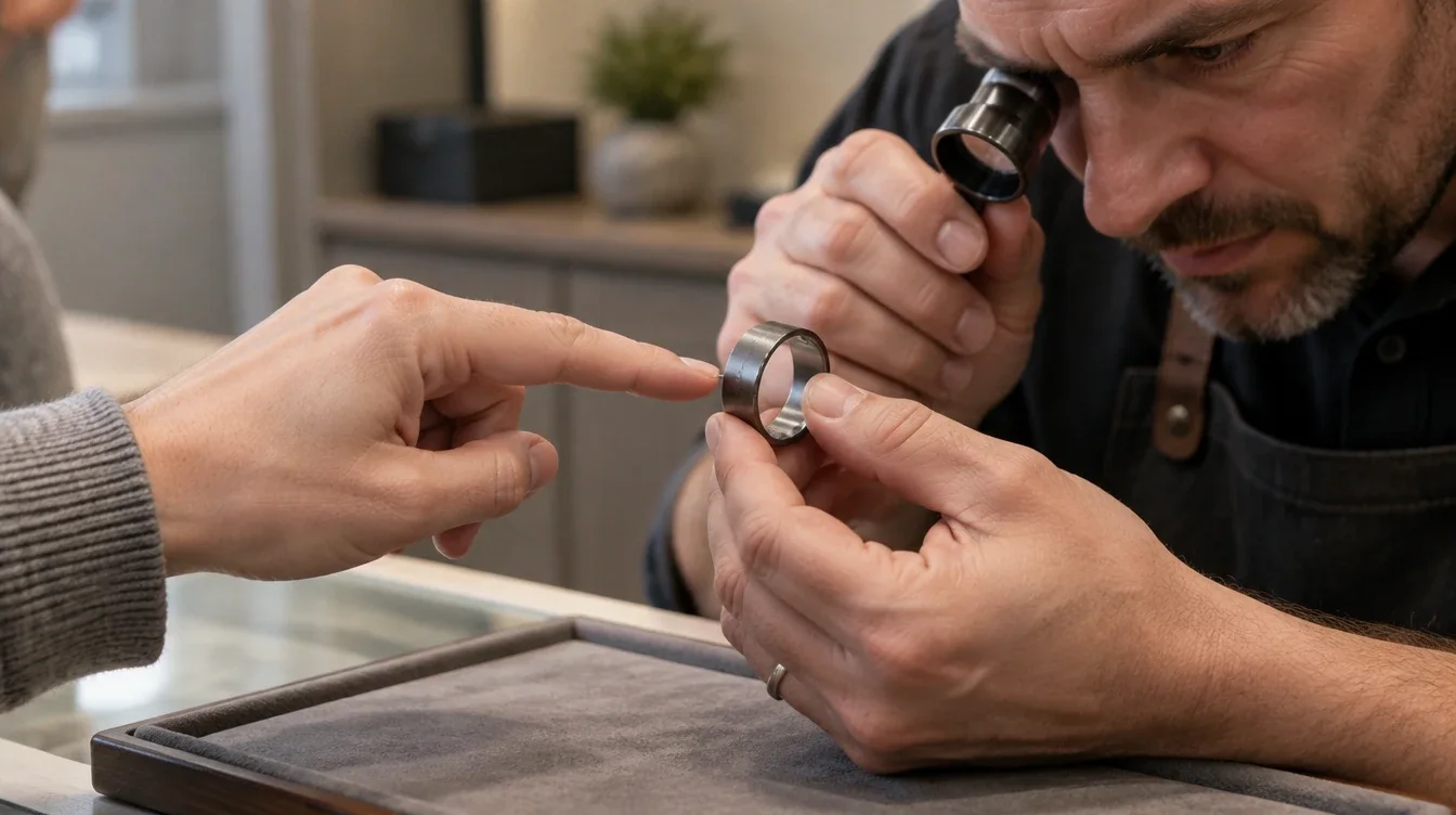 An owner points out a mark on a dark tantalum band while a jeweler examines it with a loupe.