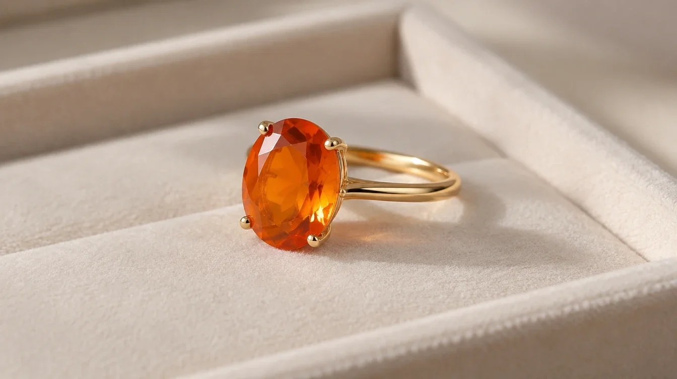 Orange fire opal ring on a cream tray with warm body color and no visible rainbow flashes