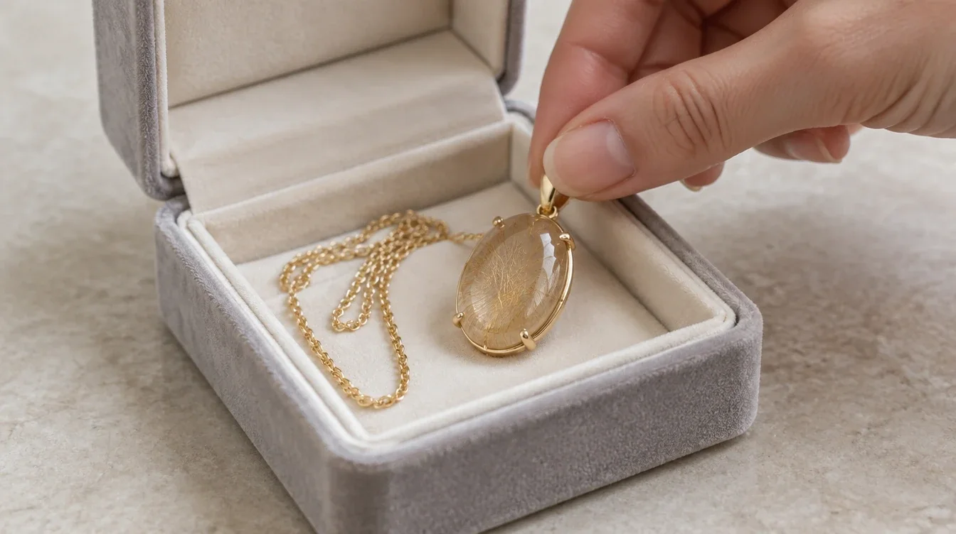Hand placing a rutilated quartz pendant into a separate padded jewelry box
