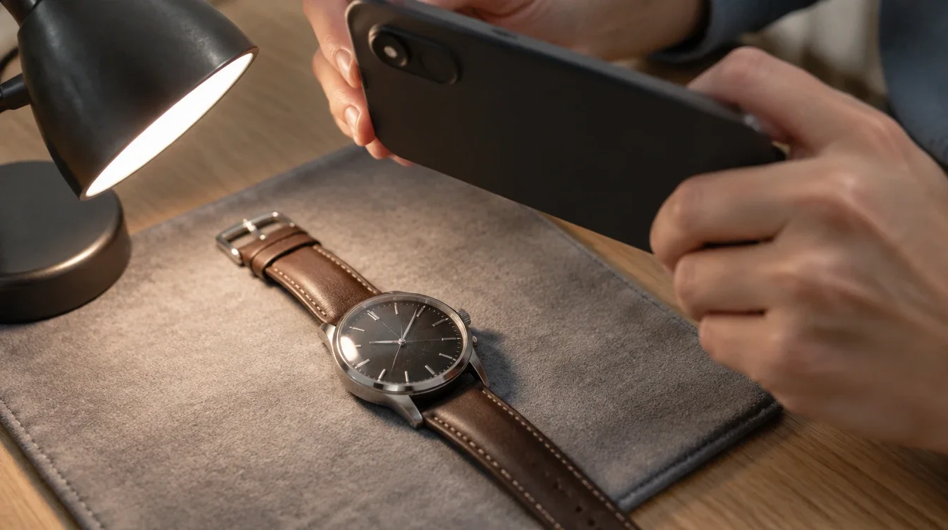 A phone photographing a scratched watch crystal under a fixed desk lamp.
