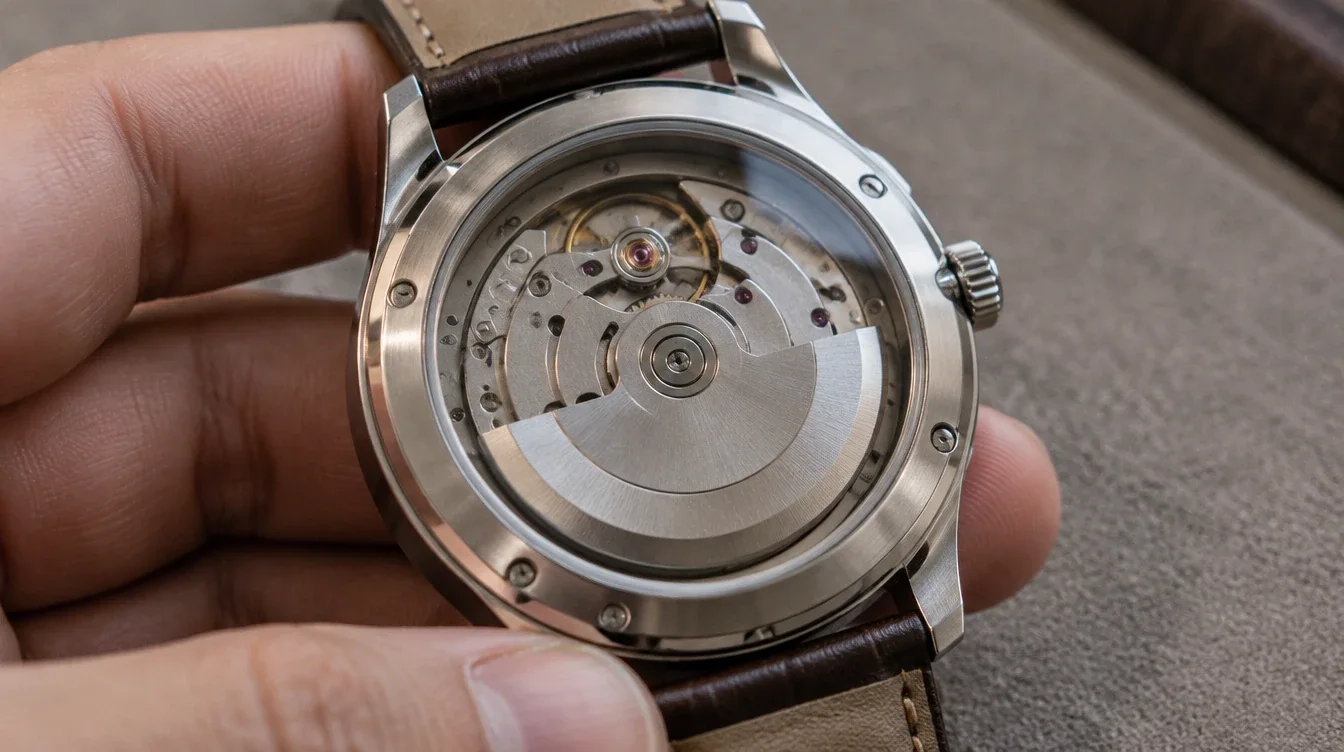 A semicircular rotor is visible through the sealed exhibition caseback of an automatic watch.