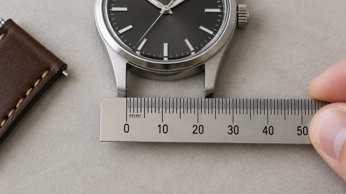 Metric ruler aligned straight across exposed watch lugs, with its zero tick at the inner edge.