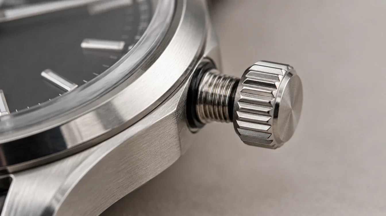 Macro view of an unscrewed watch crown and the exposed threaded case tube