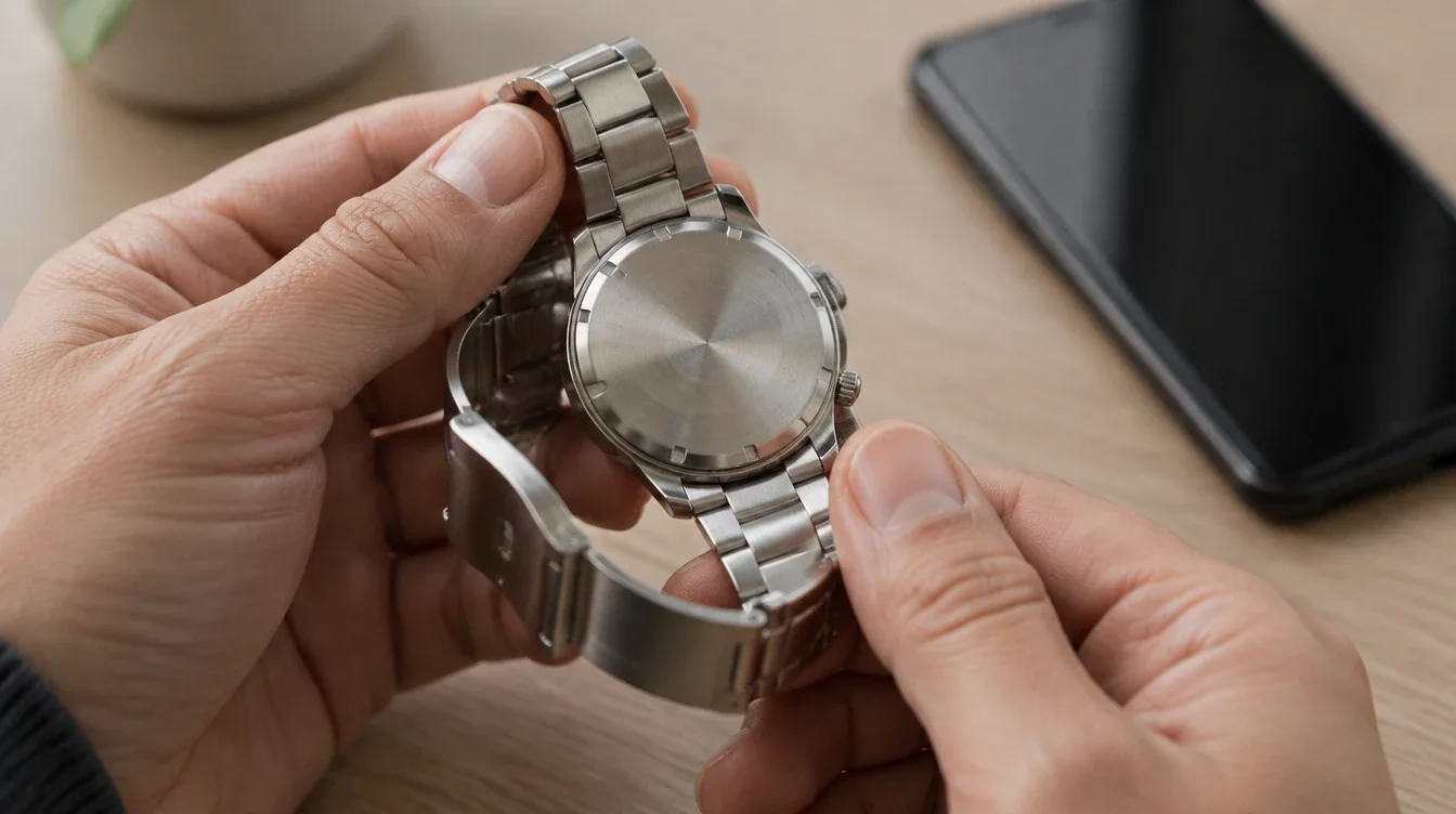 Owner inspecting a watch’s closed case back with a phone nearby