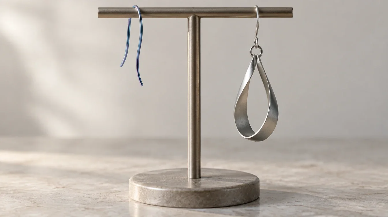 A small wire earring and a larger drop hanging from the same jewelry stand.