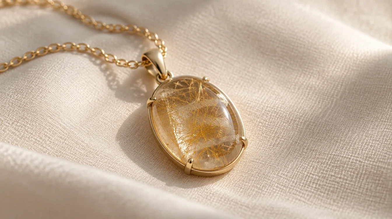 Rutilated quartz pendant with golden needles and a pale internal feature resting on soft fabric