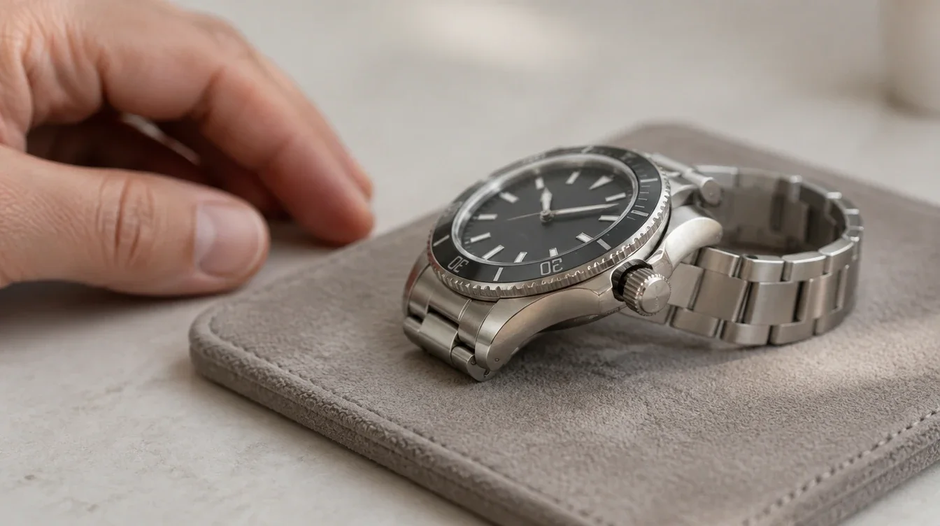Watch resting on a dry pad with its crown slightly unscrewed and the owner's hand paused beside it