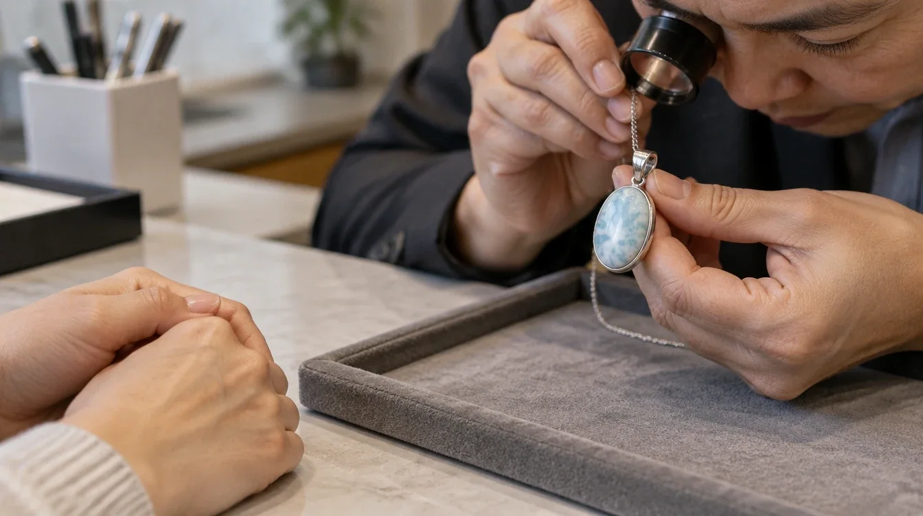 Jeweler examining a larimar pendant with a loupe above a padded tray