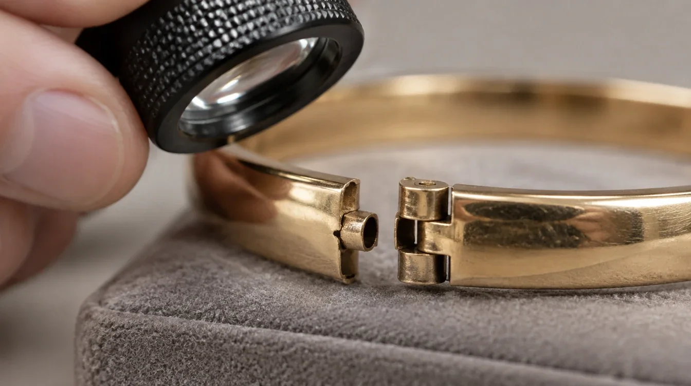 Jeweler inspecting exposed bangle hinge knuckles with a loupe