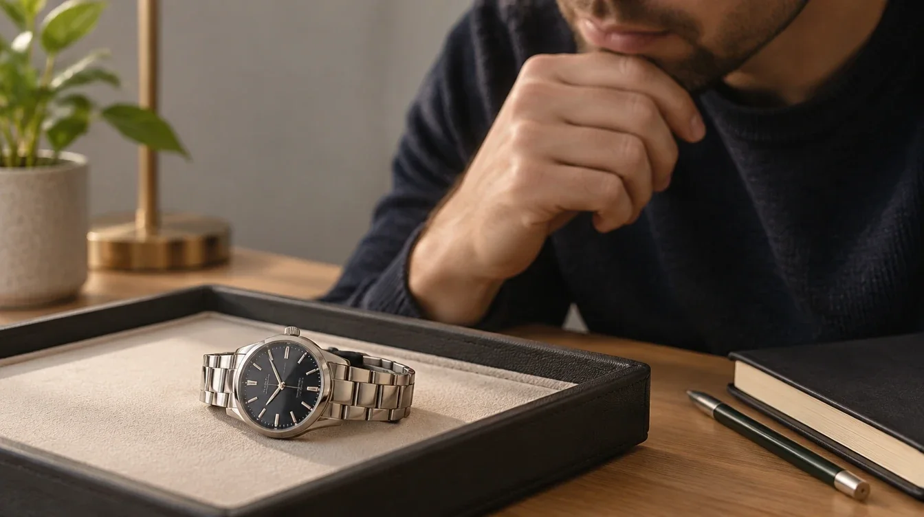 An owner observes a watch resting untouched on a tray, with a notebook and pencil nearby.