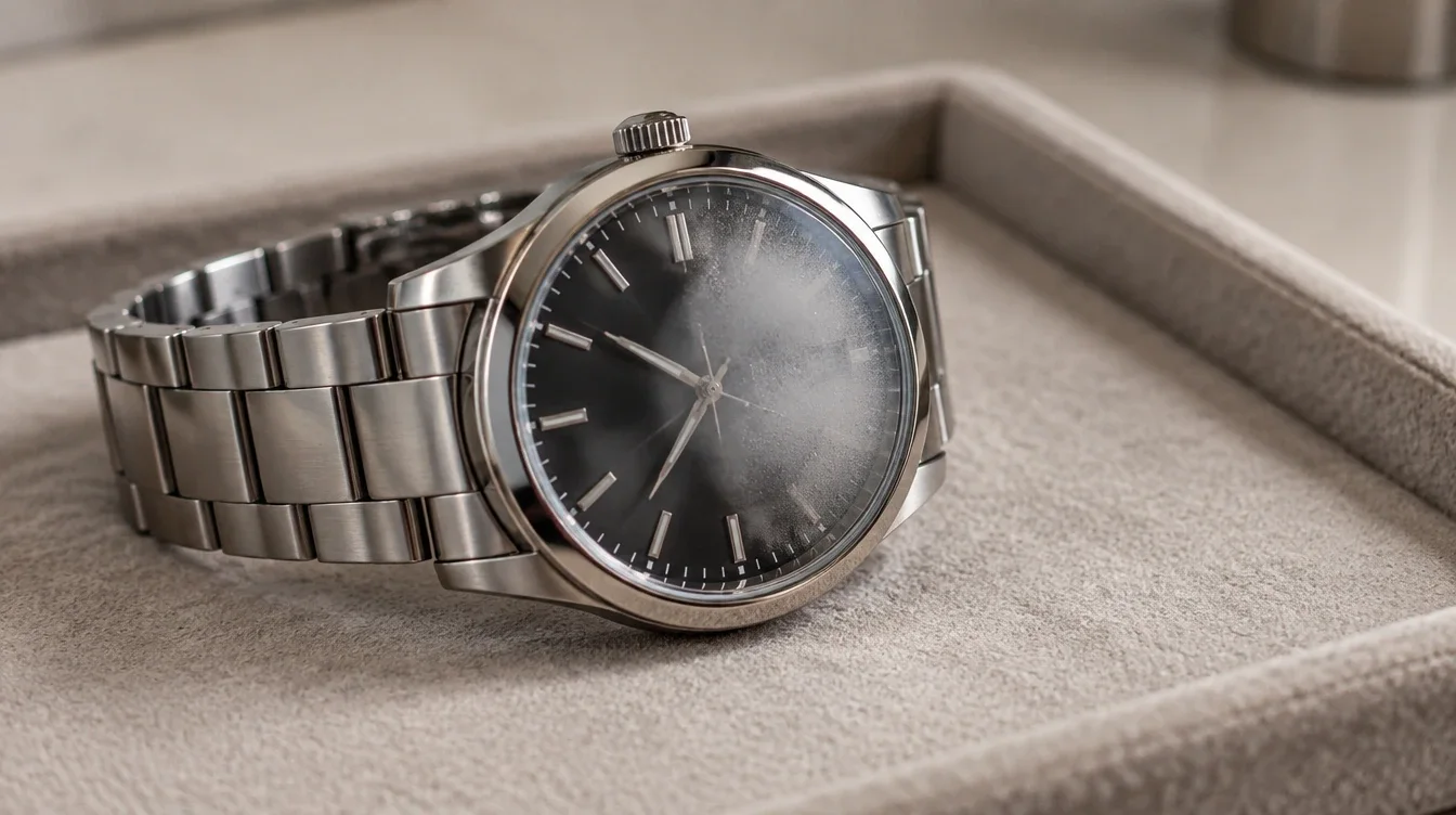 Illustrative wristwatch with fog beneath its crystal resting on a dry service tray