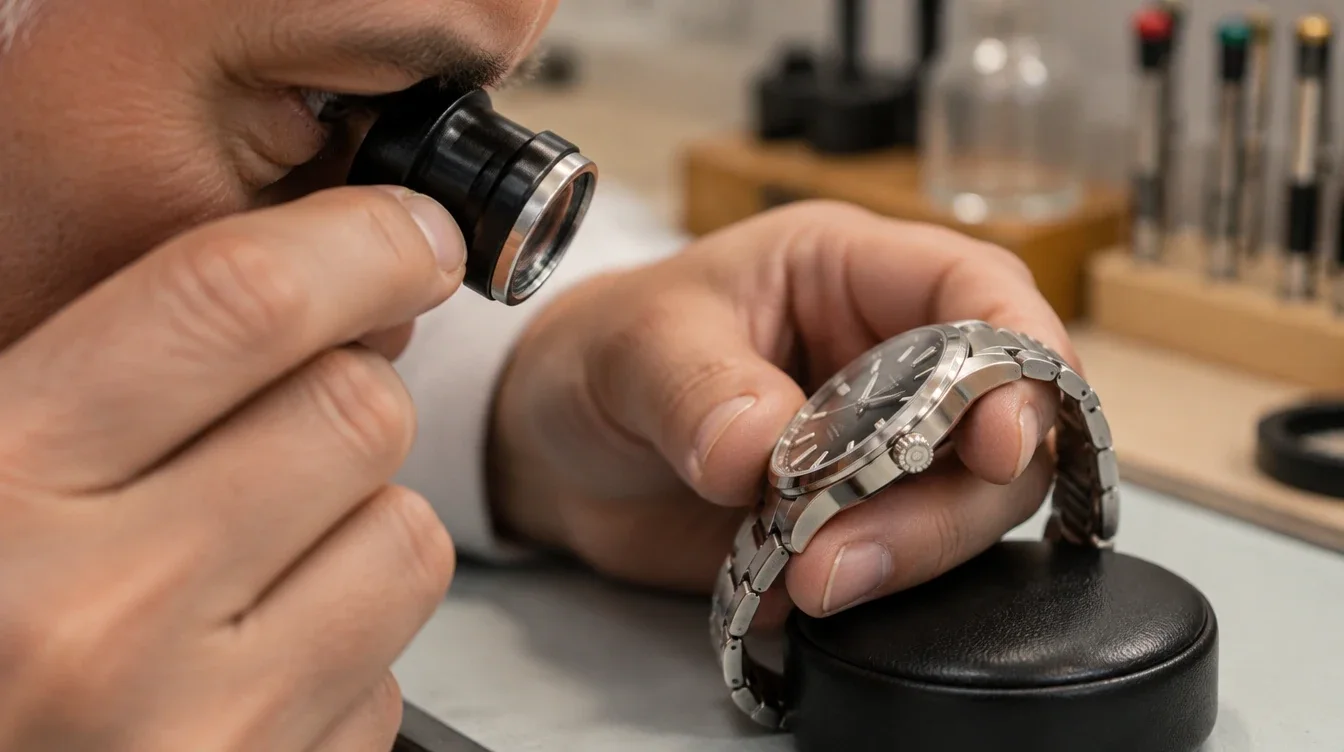 Watchmaker examining a watch crown through a loupe while supporting the intact case