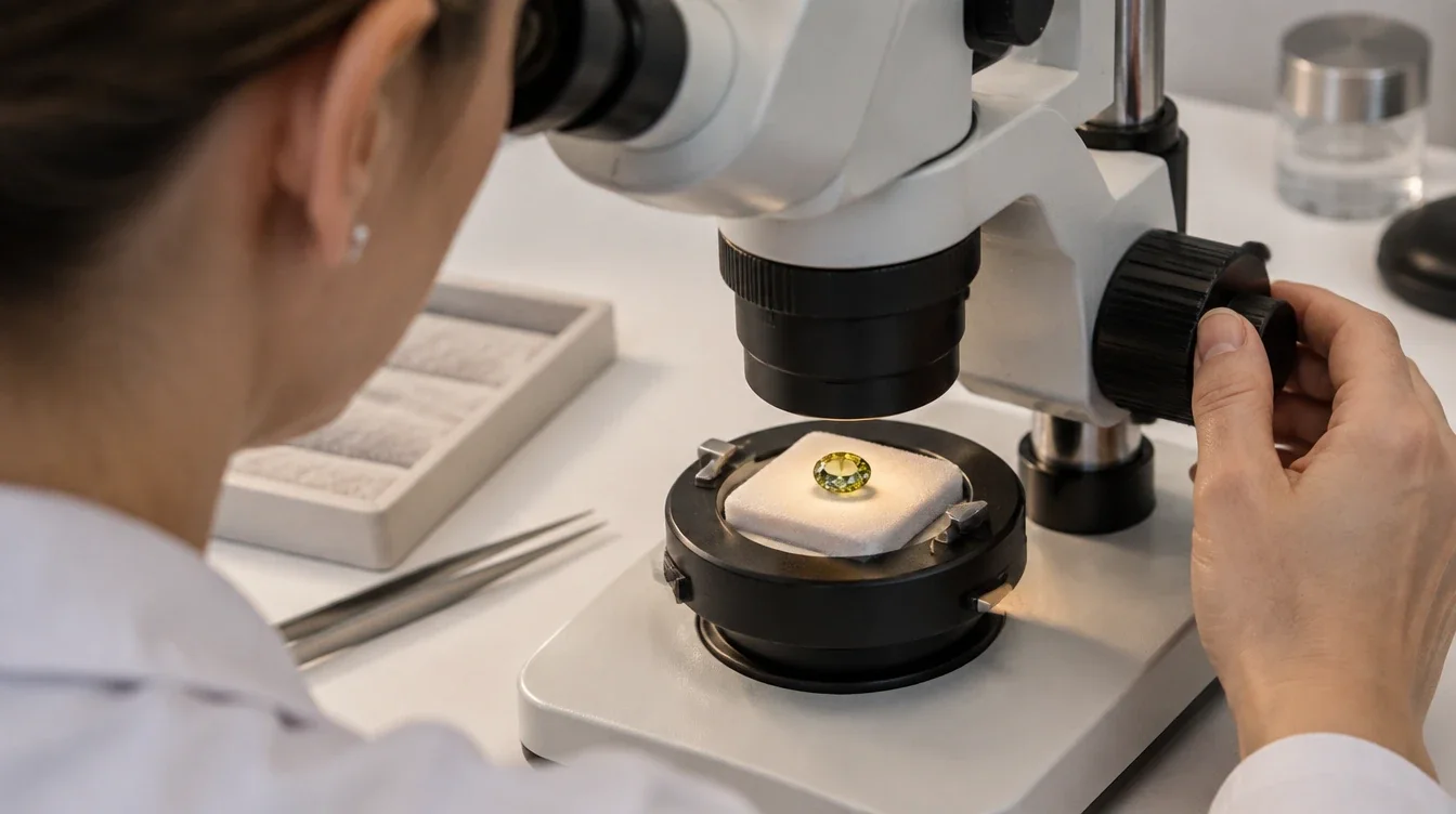 Jeweler examining a loose sphene under a gem microscope before choosing a setting