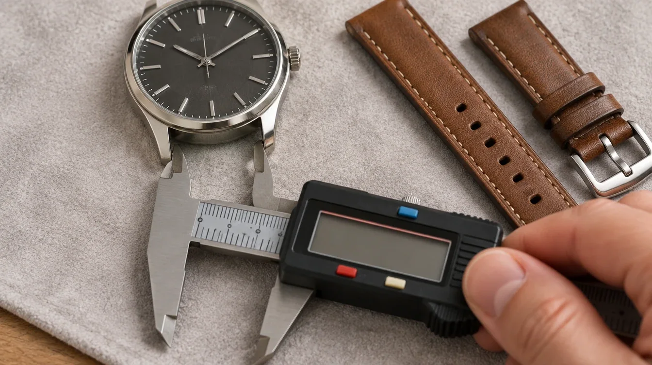 Inside caliper jaws measuring the gap between watch lugs beside a detached leather strap.