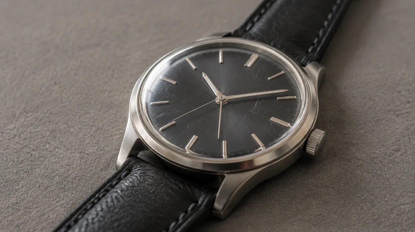 Fine scratches visible on a watch crystal under angled light.