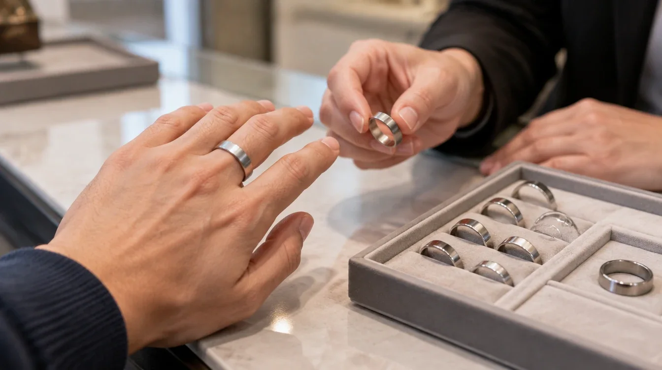 Shopper trying a fitting band while a jeweller offers another size beside a wedding ring tray