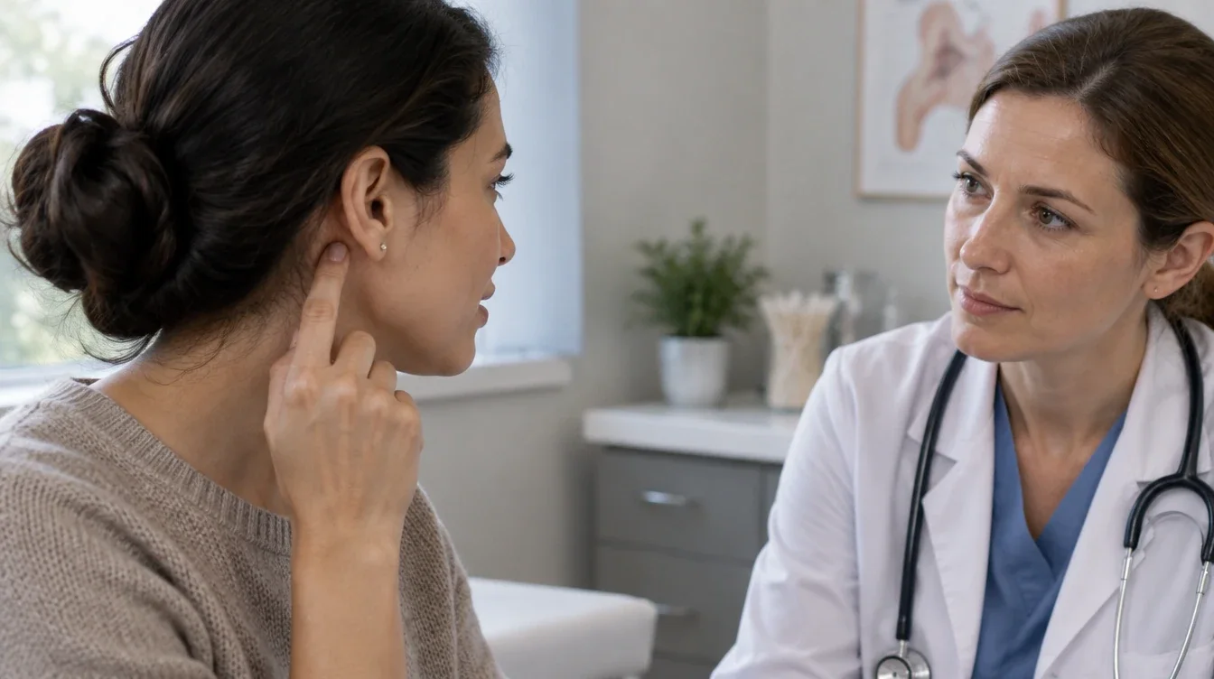 A patient points near an earlobe while discussing a piercing concern with a clinician.
