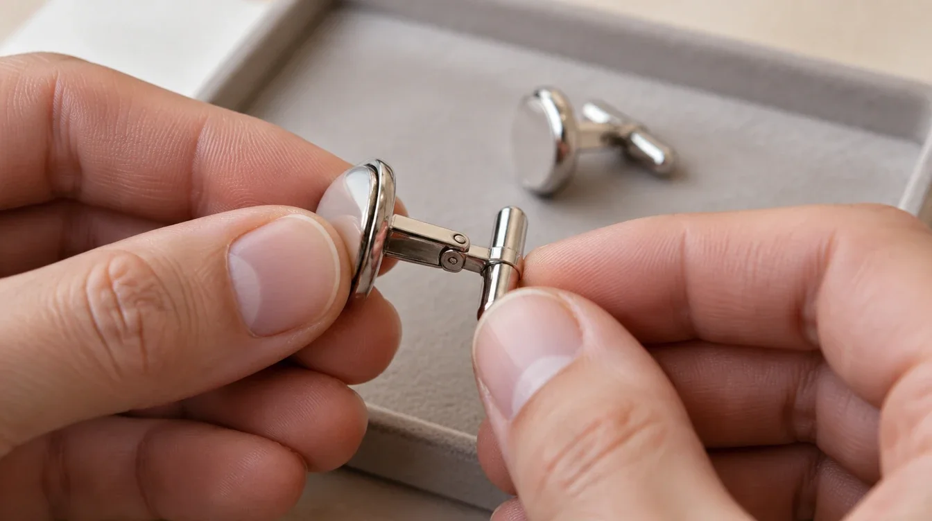 Hands steady a cufflink face while gently turning its attached swivel bar over a tray