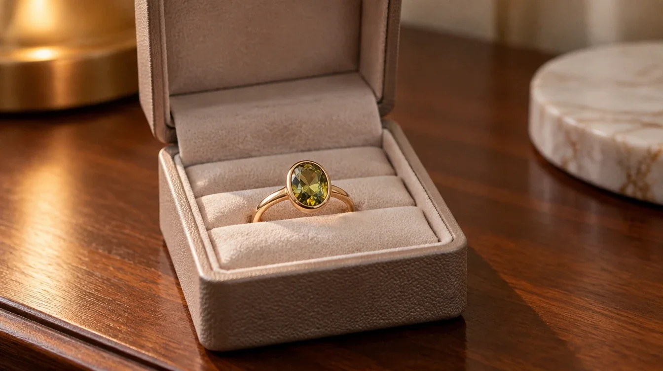 Sphene ring stored alone in a fitted padded compartment inside an open jewelry case