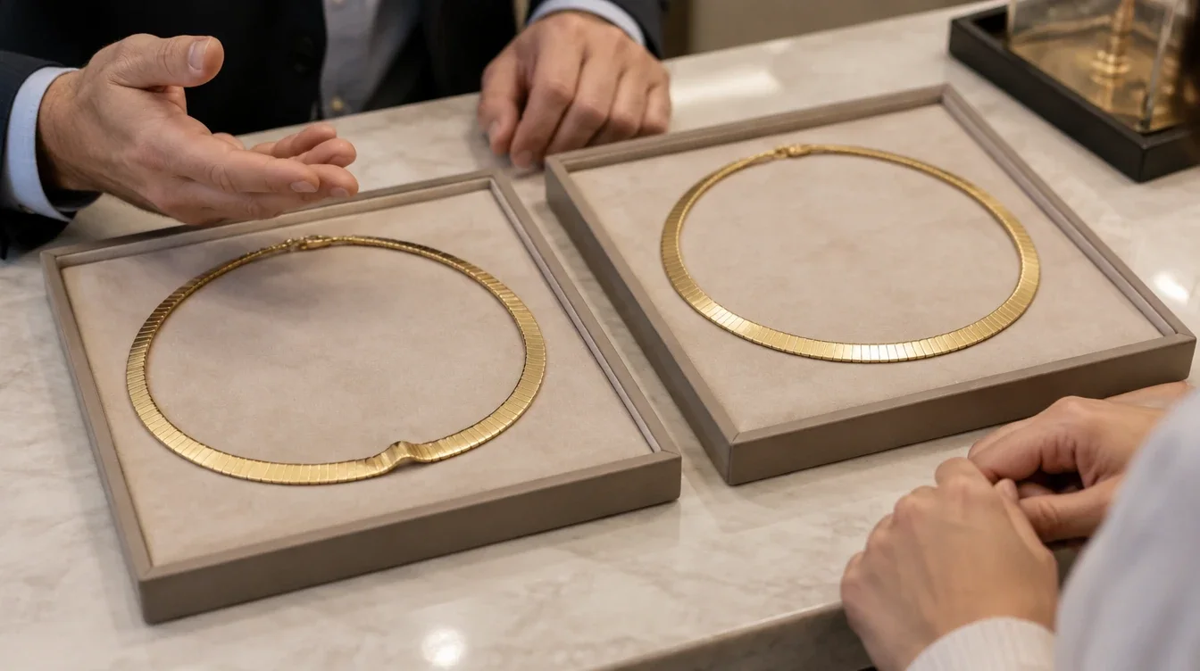 Owner and jeweler comparing a kinked omega necklace with a separate undamaged necklace on padded trays