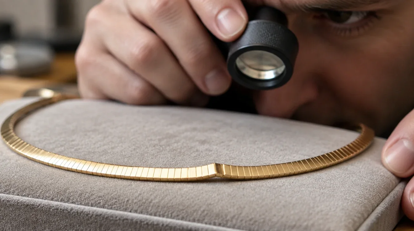 Jeweler examining a raised segment on a supported omega necklace through a loupe