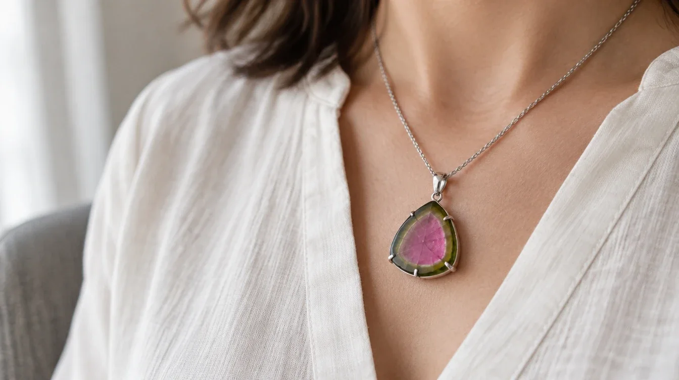 Watermelon tourmaline slice pendant resting against a plain cotton blouse