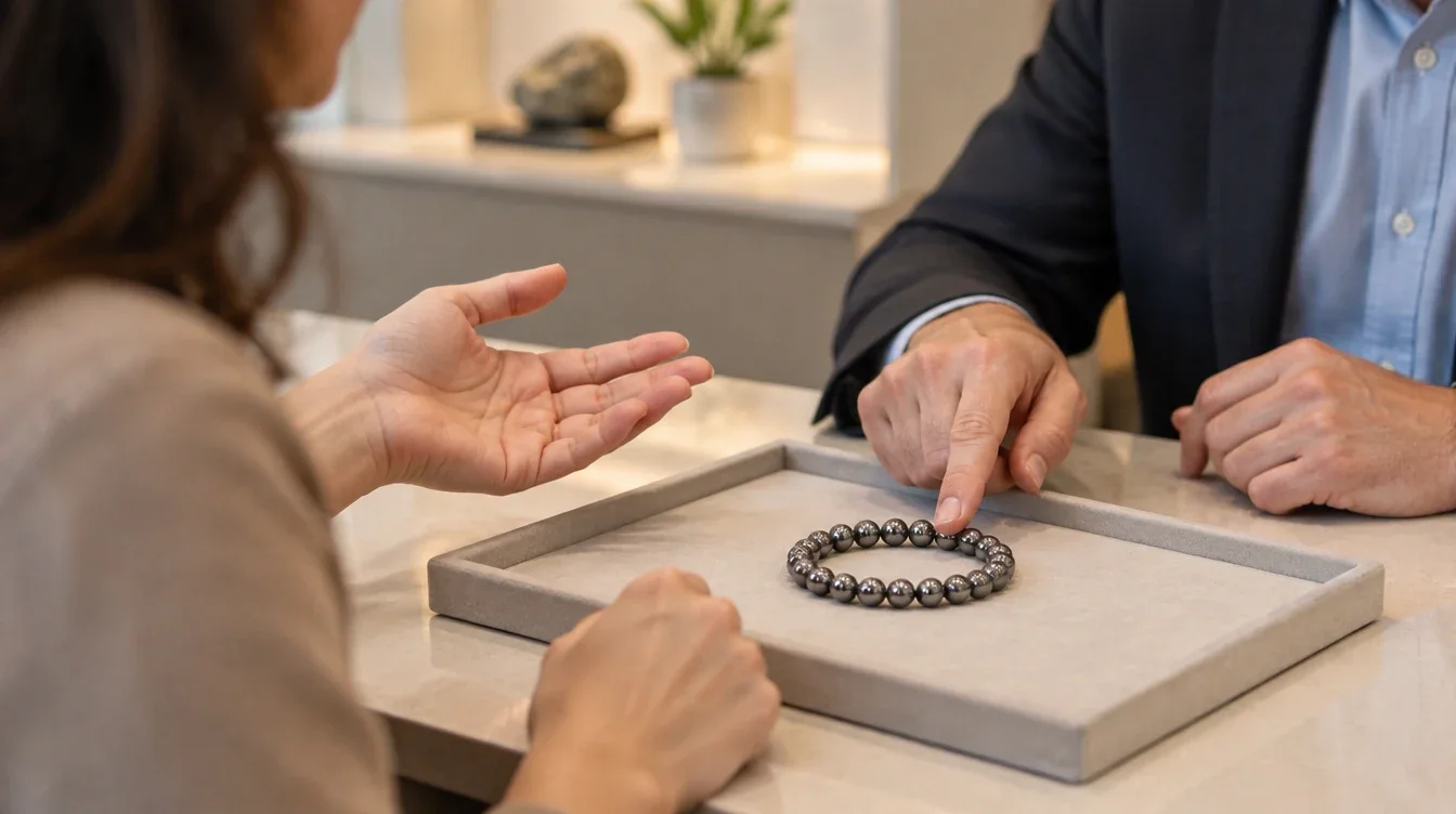 Shopper and jewelry professional discussing individual beads and an intact bracelet on a tray