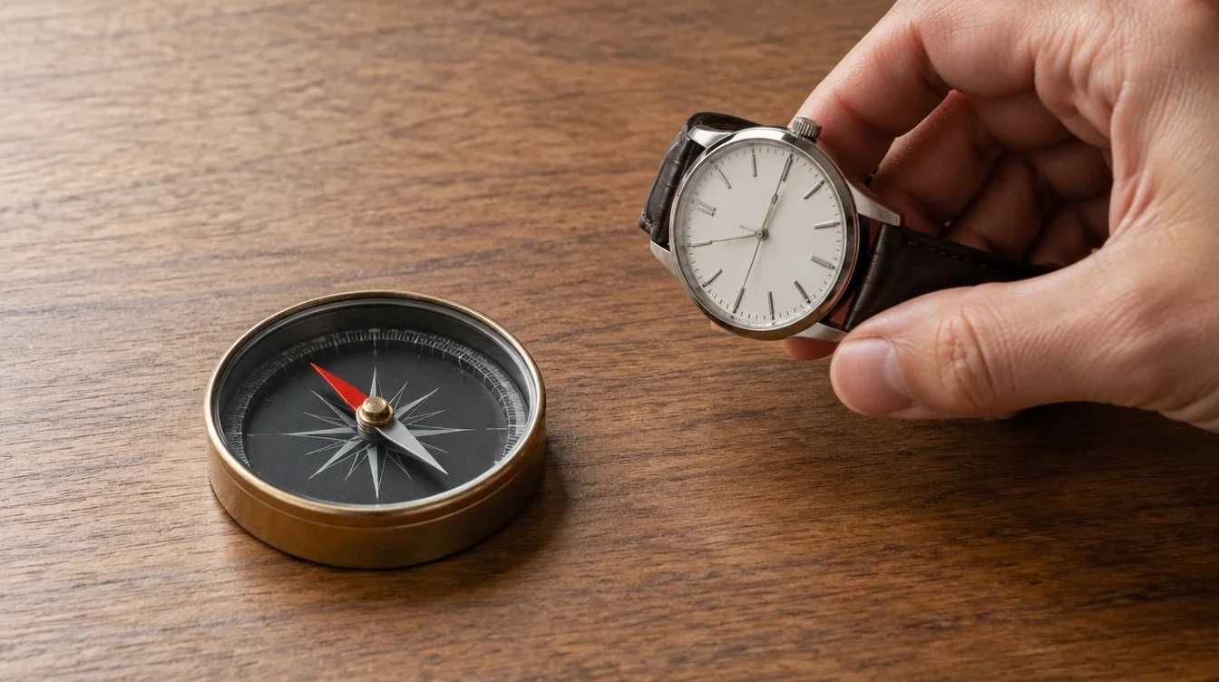 Hand holding a mechanical watch near a compass on a clear wooden surface