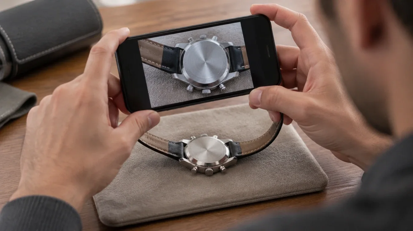 Owner photographing the closed case back of a chronograph on a soft pad.