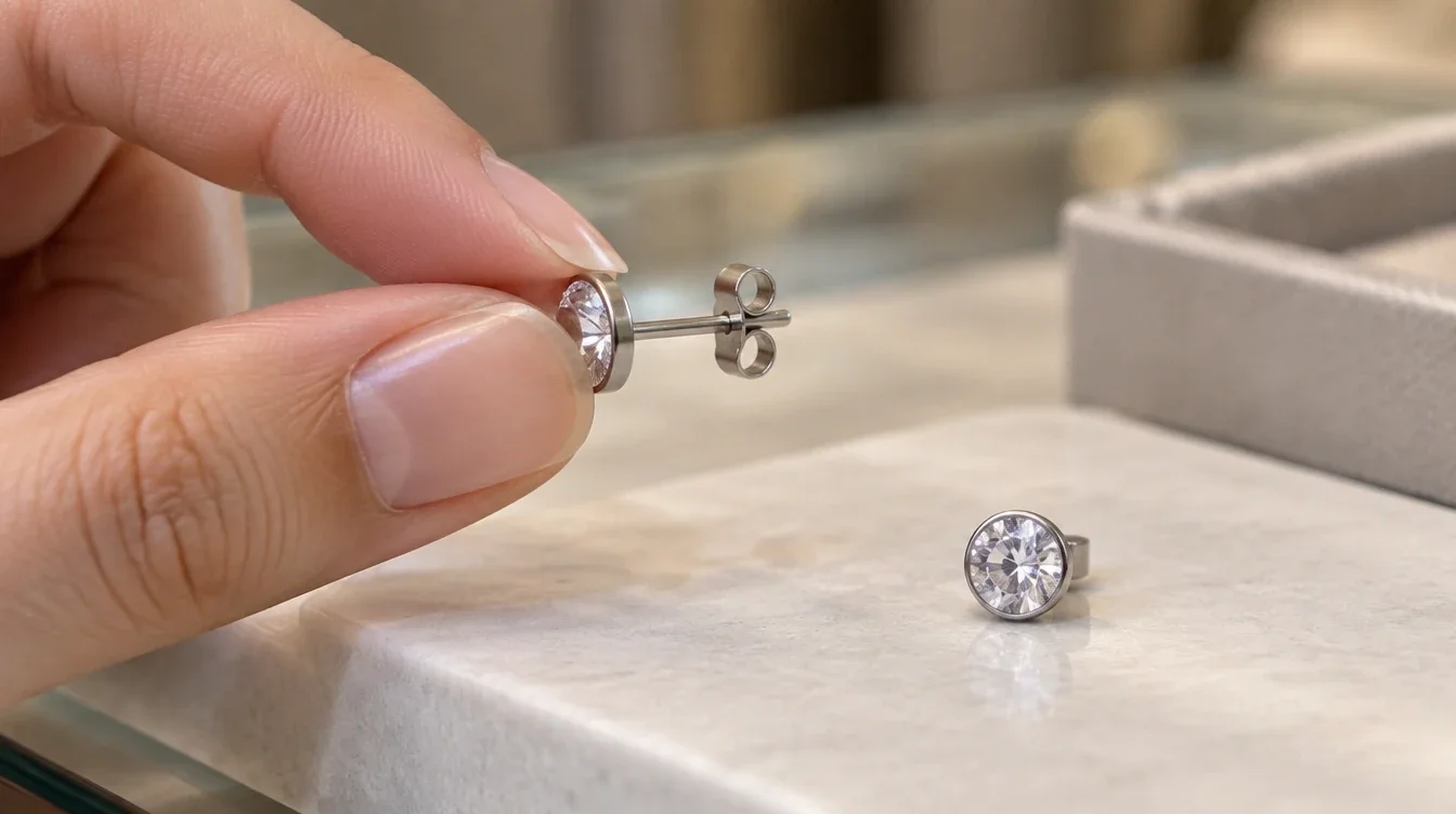 A seller shows a stud sideways while a similar stud rests face-up on the counter.