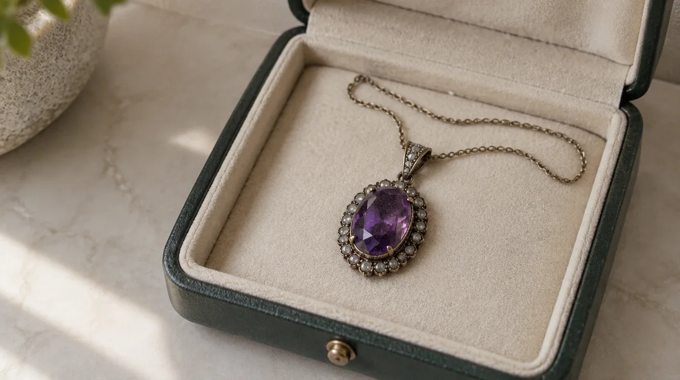 An untouched gemstone pendant stored alone in a soft lined box with its chain kept away from the stones
