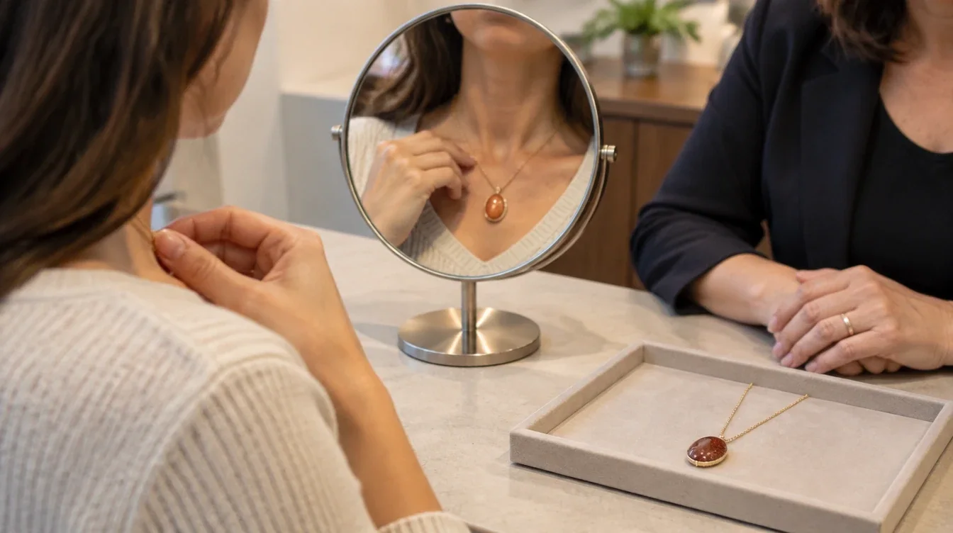 A shopper checks an orange pendant against their neckline in a mirror while speaking with a jewelry adviser.