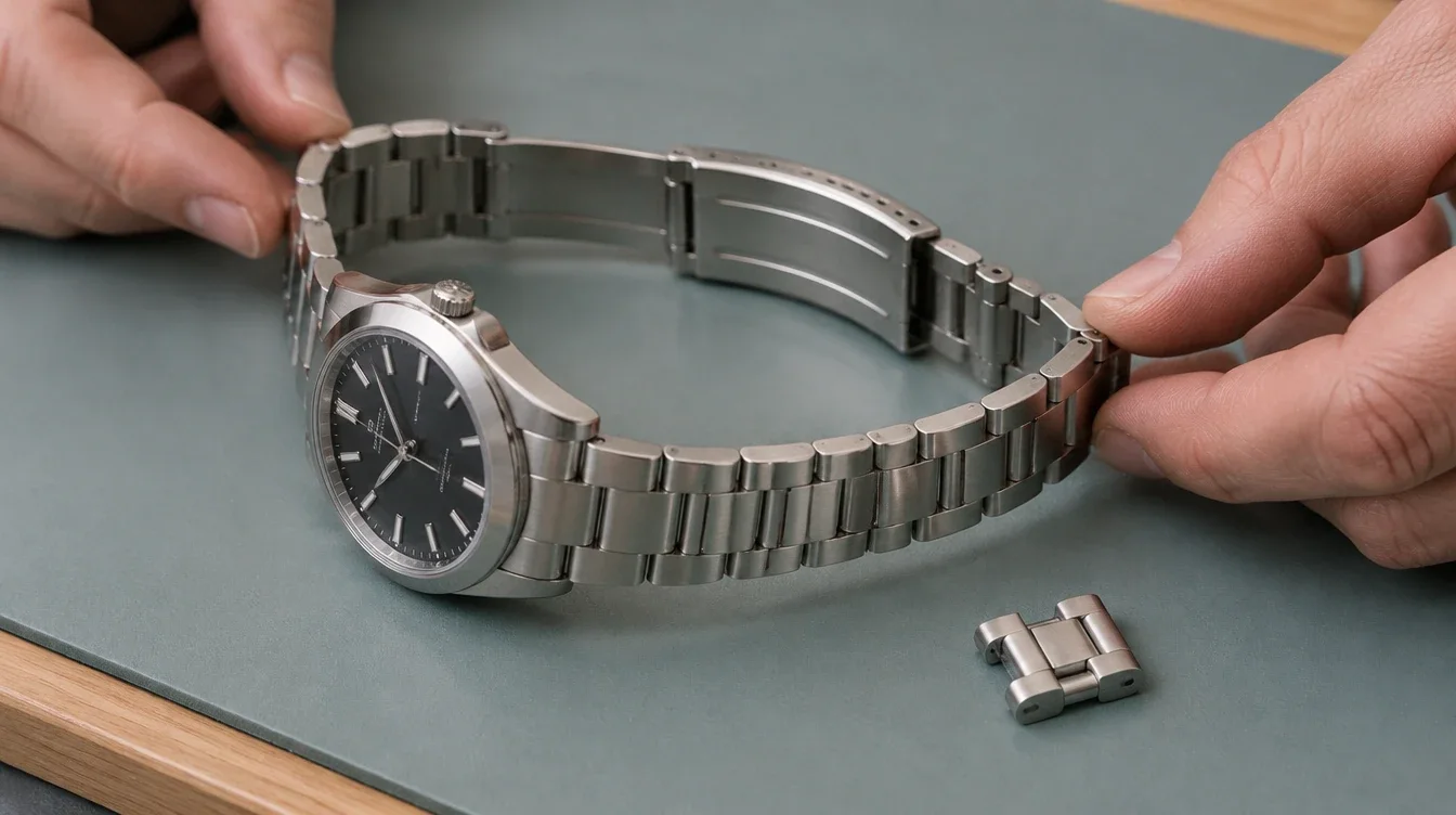 Steel watch with an open bracelet and a loose full link on a watchmaker's mat