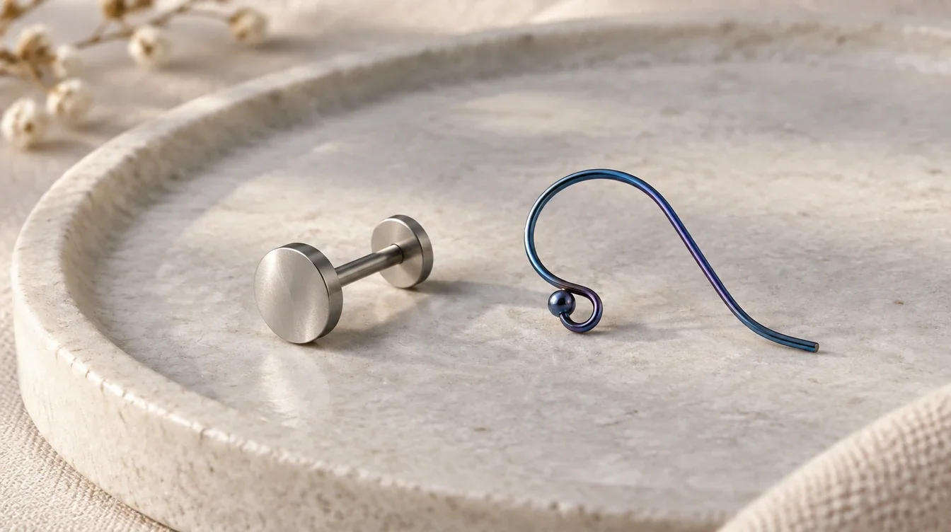 A flat-back stud and wire earring with their skin-contact parts visible on a stone tray.