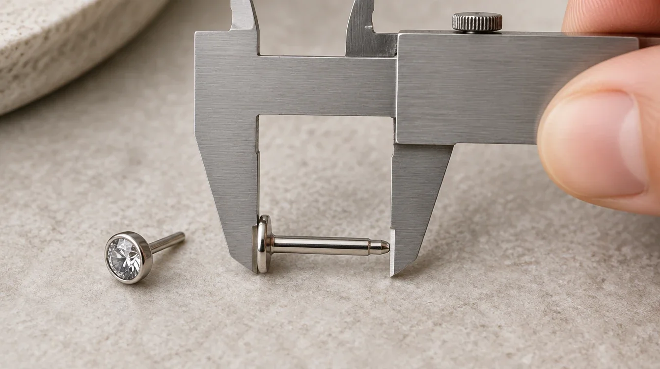 Caliper jaws positioned along a flat-back post’s wearable shaft, with its top beside it.