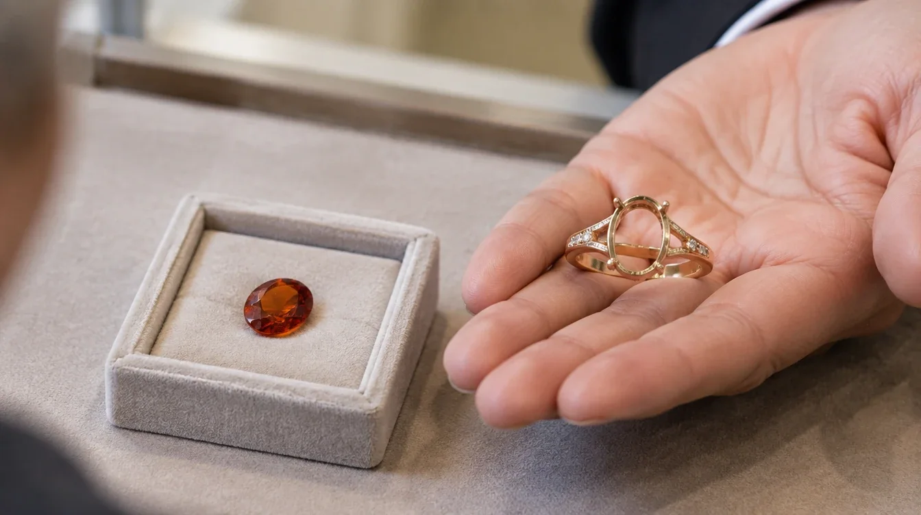 A loose orange garnet and an empty ring mounting shown as separate parts of a jewelry purchase.