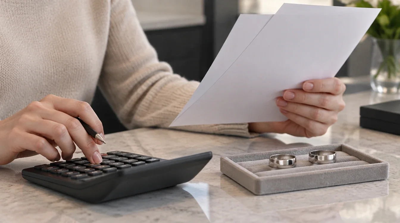 Shopper comparing wedding band quotes with a calculator and two rings on the desk
