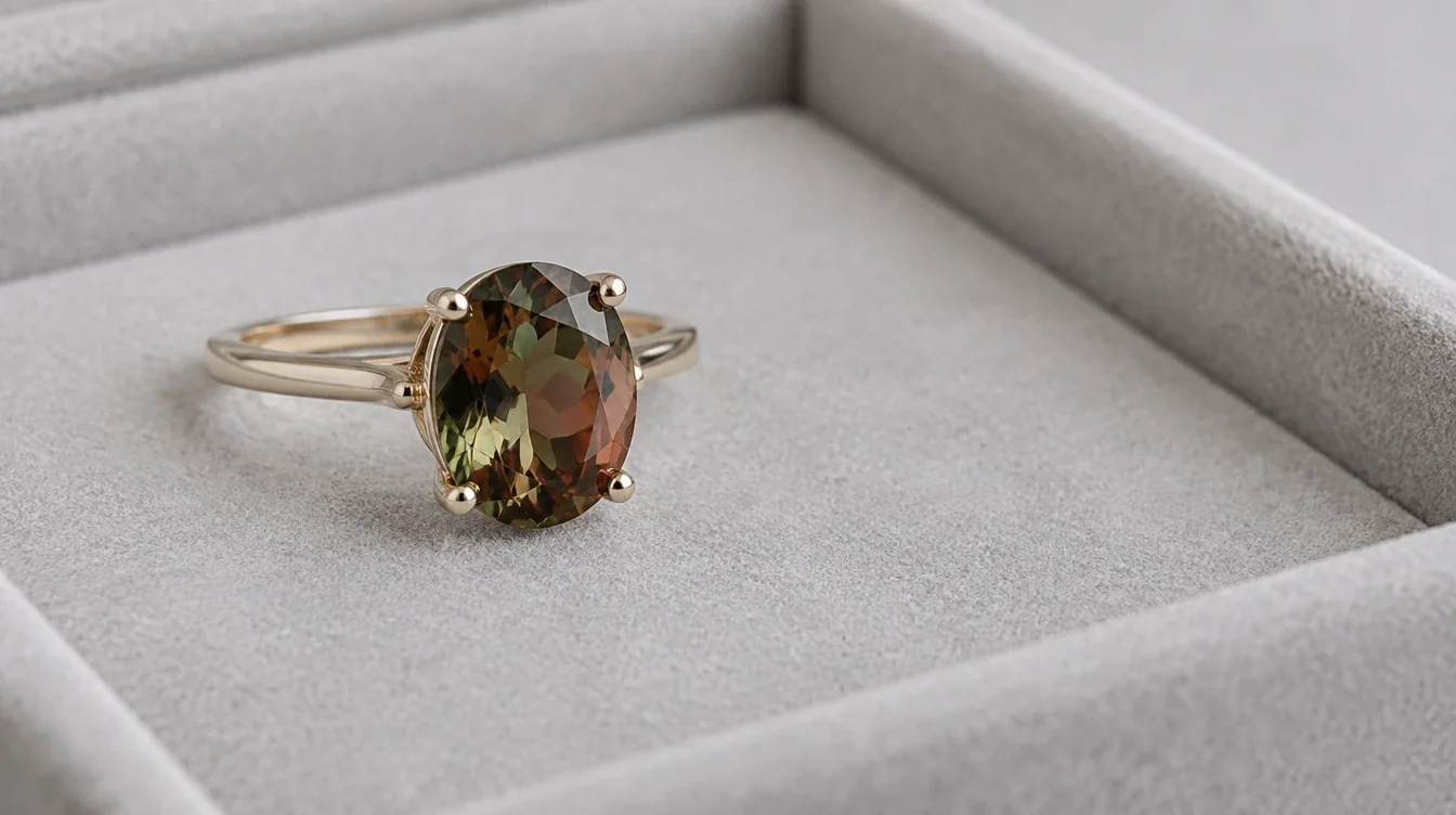 Andalusite ring showing olive green and reddish brown facets on a pale gray tray