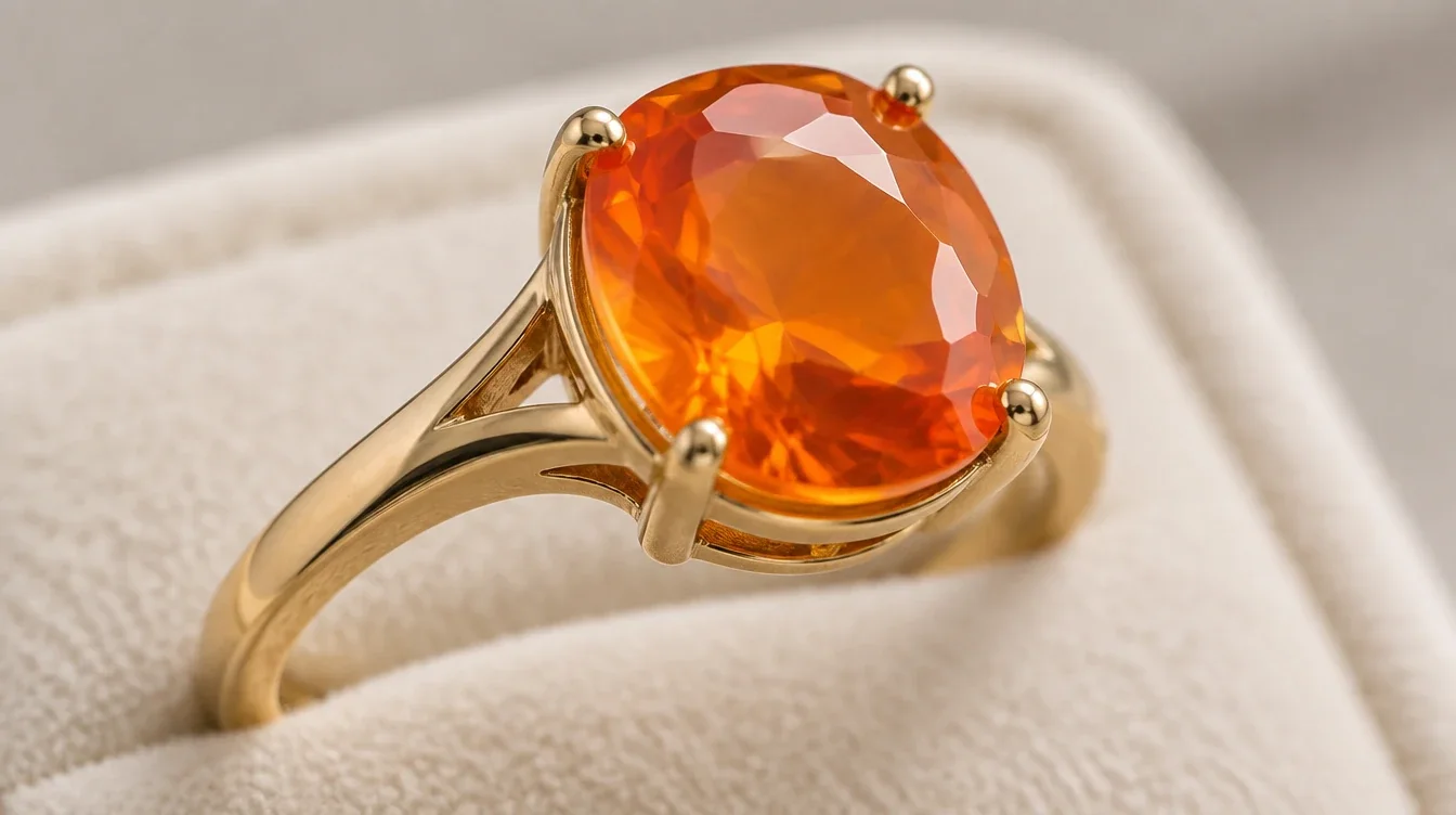 Close view of a transparent orange fire opal showing facet edges, surface polish, and part of its setting